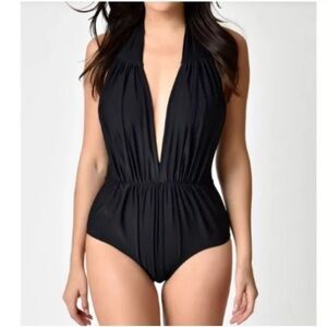 NWOT Unique Vintage Black Halter One-Piece Swimsuit Size L